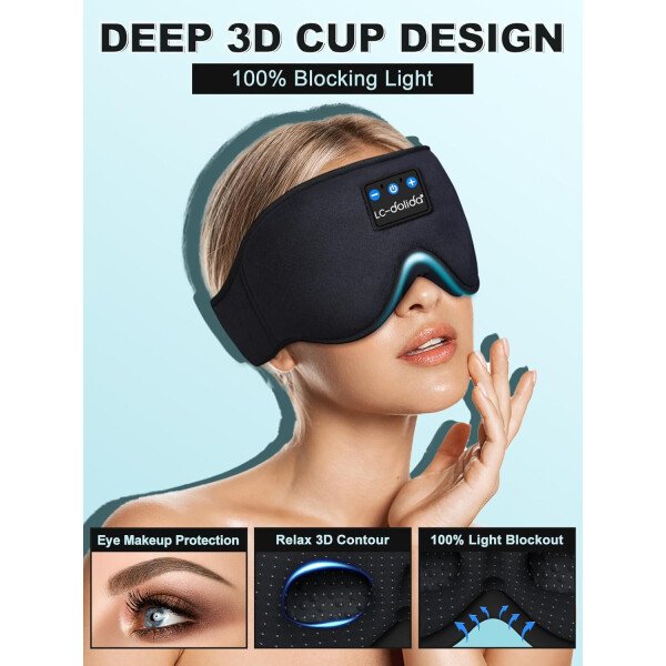 LC-dolida Auriculares para dormir, máscara de dormir 3D Bluetooth inalámbrica con música, audífonos para dormir de lado, máscara de dormir con auriculares Bluetooth altavoces estéreo ultrafinos - Image 2