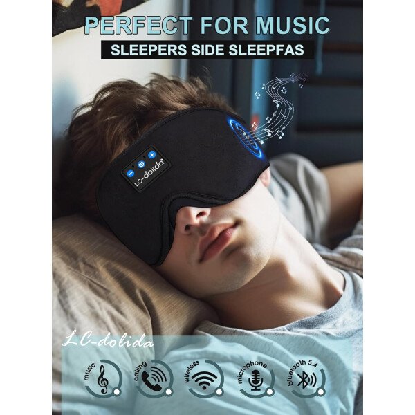 LC-dolida Auriculares para dormir, máscara de dormir 3D Bluetooth inalámbrica con música, audífonos para dormir de lado, máscara de dormir con auriculares Bluetooth altavoces estéreo ultrafinos - Image 3