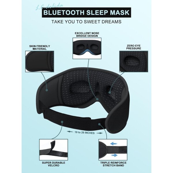 LC-dolida Auriculares para dormir, máscara de dormir 3D Bluetooth inalámbrica con música, audífonos para dormir de lado, máscara de dormir con auriculares Bluetooth altavoces estéreo ultrafinos - Image 6