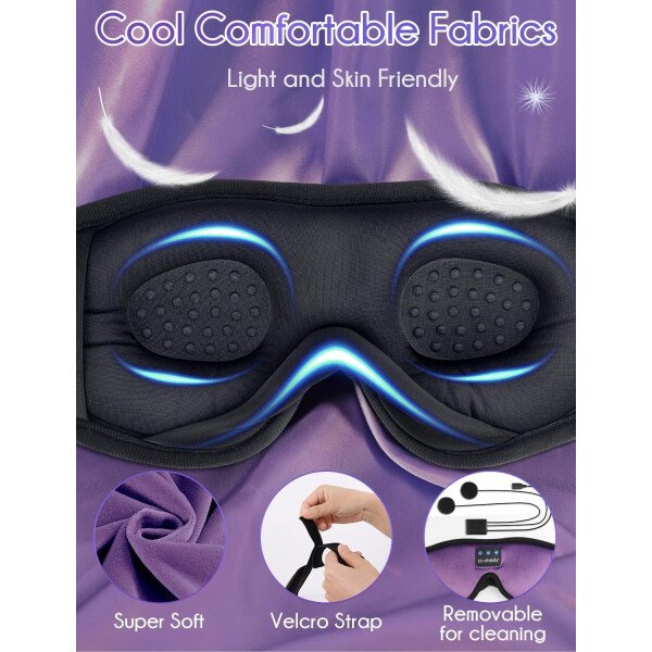 LC-dolida Auriculares para dormir, máscara de dormir 3D Bluetooth inalámbrica con música, audífonos para dormir de lado, máscara de dormir con auriculares Bluetooth altavoces estéreo ultrafinos - Image 47