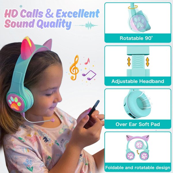 Riwbox CF9 - Auriculares Bluetooth para niños con luz LED, límite de volumen seguro de 85 dB, micrófono integrado y micrófono Boom para llamadas, auriculares inalámbricos y con cable para niños, para - Imagen 2