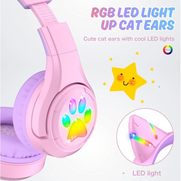 Riwbox CF9 - Auriculares Bluetooth para niños con luz LED, límite de volumen seguro de 85 dB, micrófono integrado y micrófono Boom para llamadas, auriculares inalámbricos y con cable para niños, para - Imagen 9