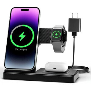 Estación de carga inalámbrica para iPhone: soporte de cargador 3 en 1, múltiples dispositivos para Apple - iPhone 16e 16 15 14 Pro Max 13 12 11 - Watch 10 9 8 7 6 5 4 3 2 SE y Ultra Series - Airpods 4