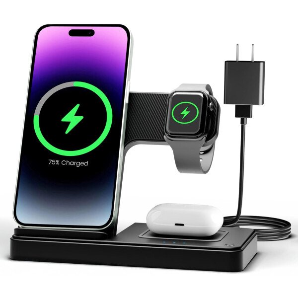 Estación de carga inalámbrica para iPhone: soporte de cargador 3 en 1, múltiples dispositivos para Apple - iPhone 16e 16 15 14 Pro Max 13 12 11 - Watch 10 9 8 7 6 5 4 3 2 SE y Ultra Series - Airpods 4