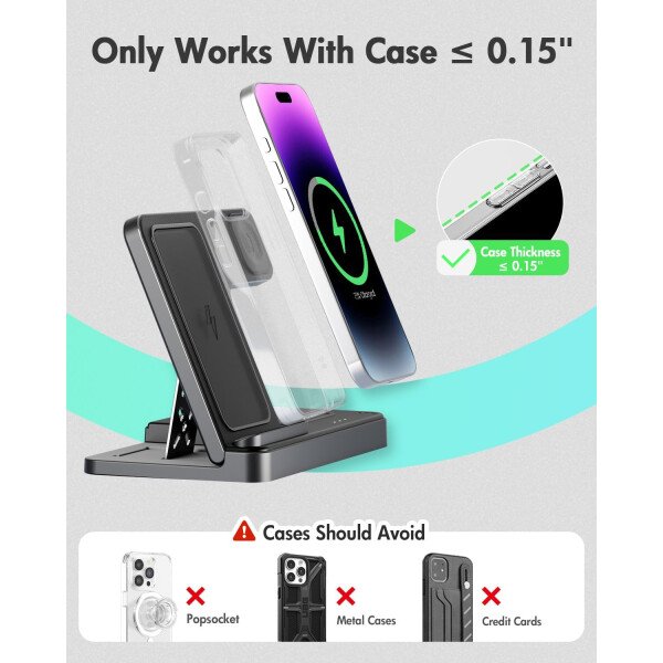 Estación de carga inalámbrica para iPhone: soporte de cargador 3 en 1, múltiples dispositivos para Apple - iPhone 16e 16 15 14 Pro Max 13 12 11 - Watch 10 9 8 7 6 5 4 3 2 SE y Ultra Series - Airpods 4 - Imagen 3