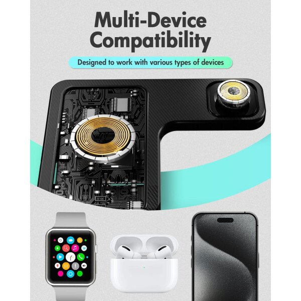 Estación de carga inalámbrica para iPhone: soporte de cargador 3 en 1, múltiples dispositivos para Apple - iPhone 16e 16 15 14 Pro Max 13 12 11 - Watch 10 9 8 7 6 5 4 3 2 SE y Ultra Series - Airpods 4 - Imagen 7