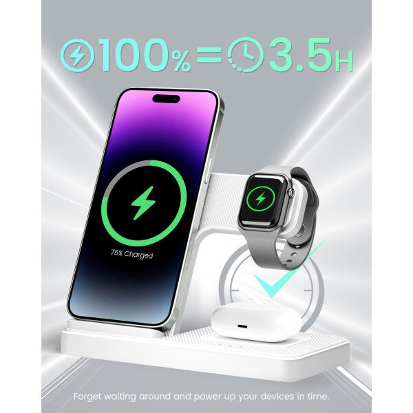 Estación de carga inalámbrica para iPhone: soporte de cargador 3 en 1, múltiples dispositivos para Apple - iPhone 16e 16 15 14 Pro Max 13 12 11 - Watch 10 9 8 7 6 5 4 3 2 SE y Ultra Series - Airpods 4 - Imagen 14