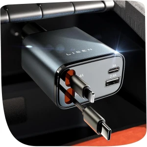 LISEN - Cargador retráctil para automóvil, adaptador de cargador de automóvil USB C de 69 W, carga rápida para iPhone 16, 15, 14, 13, 12, Samsung, gris