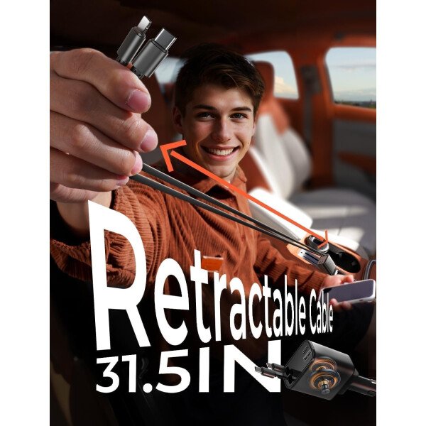 LISEN - Cargador retráctil para automóvil, adaptador de cargador de automóvil USB C de 69 W, carga rápida para iPhone 16, 15, 14, 13, 12, Samsung, gris - Imagen 3