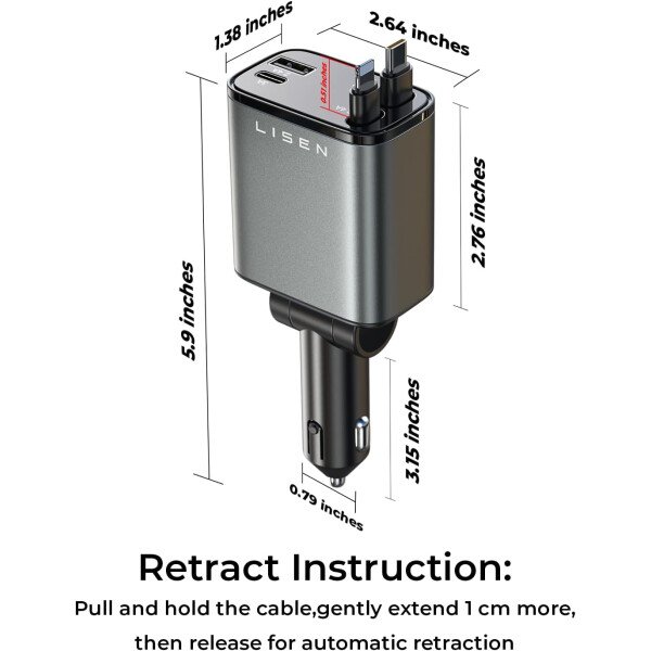 LISEN - Cargador retráctil para automóvil, adaptador de cargador de automóvil USB C de 69 W, carga rápida para iPhone 16, 15, 14, 13, 12, Samsung, gris - Imagen 6