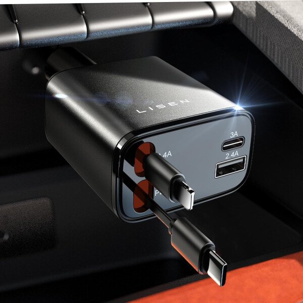 LISEN - Cargador retráctil para automóvil, adaptador de cargador de automóvil USB C de 69 W, carga rápida para iPhone 16, 15, 14, 13, 12, Samsung, gris - Imagen 10