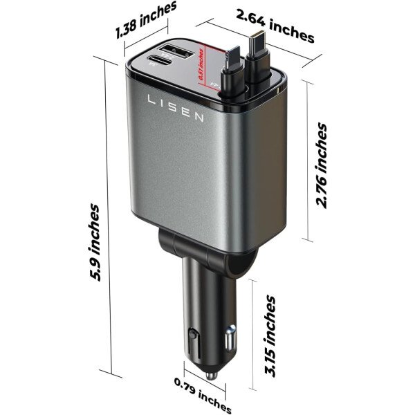 LISEN - Cargador retráctil para automóvil, adaptador de cargador de automóvil USB C de 69 W, carga rápida para iPhone 16, 15, 14, 13, 12, Samsung, gris - Imagen 15