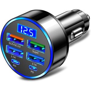 Cargador rápido de automóvil de 6 puertos con monitor de voltaje, cargador USB para encendedor de cigarrillos de coche (PD+QC3.0) compatible con iphone13/14/15 y la mayoría de los modelos Android,