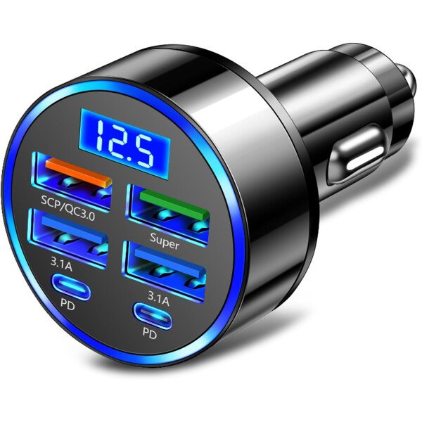 Cargador rápido de automóvil de 6 puertos con monitor de voltaje, cargador USB para encendedor de cigarrillos de coche (PD+QC3.0) compatible con iphone13/14/15 y la mayoría de los modelos Android,