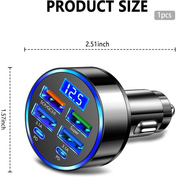 Cargador rápido de automóvil de 6 puertos con monitor de voltaje, cargador USB para encendedor de cigarrillos de coche (PD+QC3.0) compatible con iphone13/14/15 y la mayoría de los modelos Android, - Imagen 2
