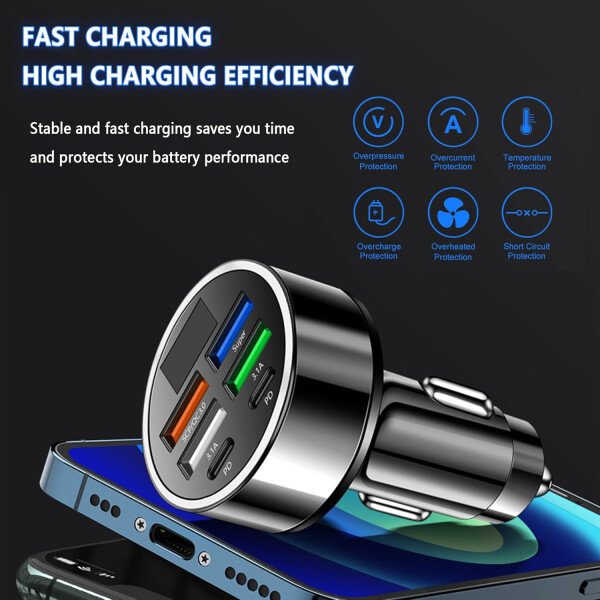 Cargador rápido de automóvil de 6 puertos con monitor de voltaje, cargador USB para encendedor de cigarrillos de coche (PD+QC3.0) compatible con iphone13/14/15 y la mayoría de los modelos Android, - Imagen 5