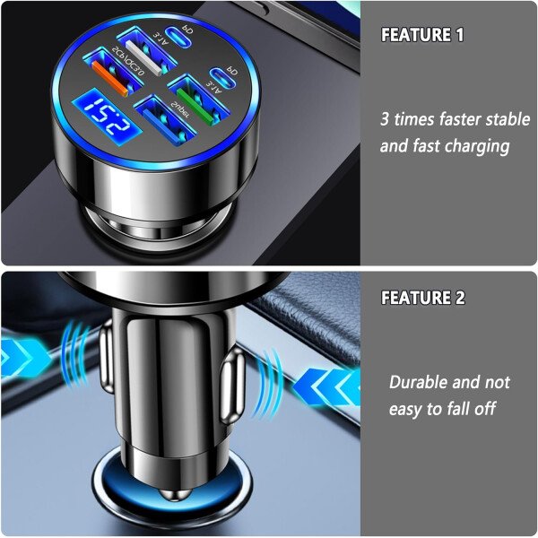 Cargador rápido de automóvil de 6 puertos con monitor de voltaje, cargador USB para encendedor de cigarrillos de coche (PD+QC3.0) compatible con iphone13/14/15 y la mayoría de los modelos Android, - Imagen 7