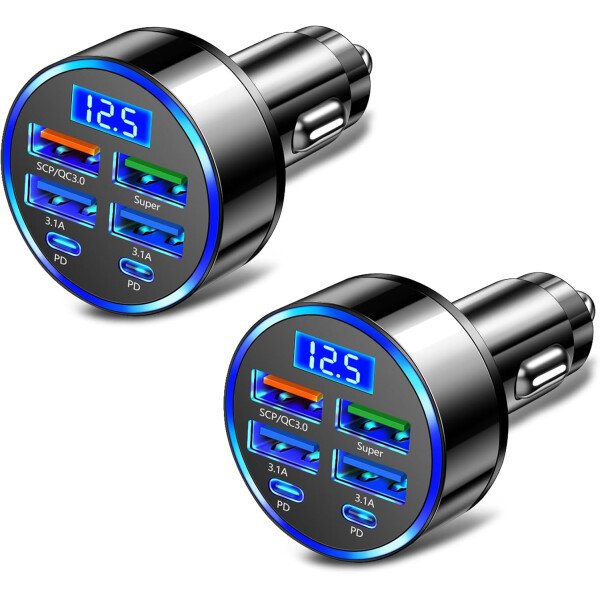 Cargador rápido de automóvil de 6 puertos con monitor de voltaje, cargador USB para encendedor de cigarrillos de coche (PD+QC3.0) compatible con iphone13/14/15 y la mayoría de los modelos Android, - Imagen 15