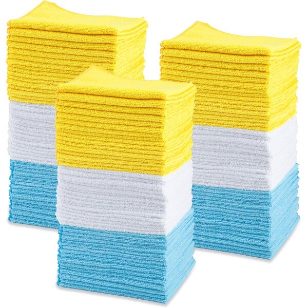 Amazon Basics Paños de limpieza de microfibra, no abrasivos, reutilizables y lavables, paquete de 24, azul/blanco/amarillo, 16 x 12 pulgadas - Image 2