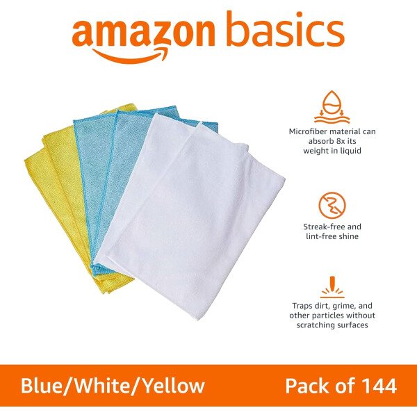 Amazon Basics Paños de limpieza de microfibra, no abrasivos, reutilizables y lavables, paquete de 24, azul/blanco/amarillo, 16 x 12 pulgadas - Image 3