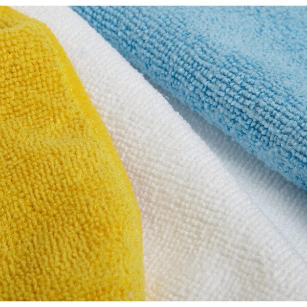 Amazon Basics Paños de limpieza de microfibra, no abrasivos, reutilizables y lavables, paquete de 24, azul/blanco/amarillo, 16 x 12 pulgadas - Image 4