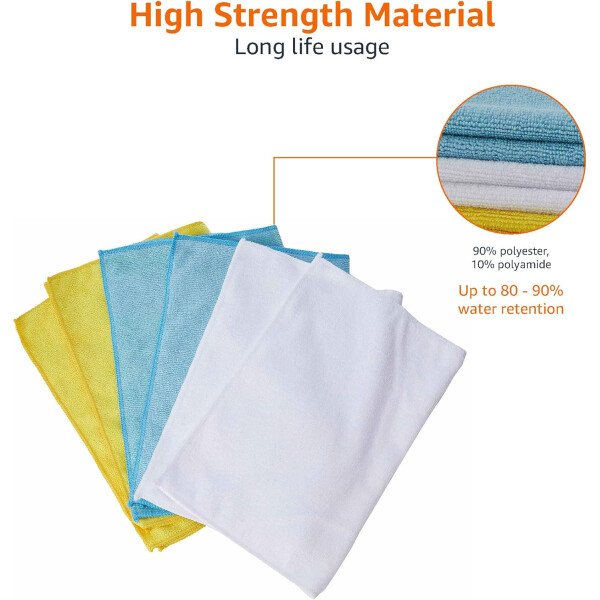 Amazon Basics Paños de limpieza de microfibra, no abrasivos, reutilizables y lavables, paquete de 24, azul/blanco/amarillo, 16 x 12 pulgadas - Image 5