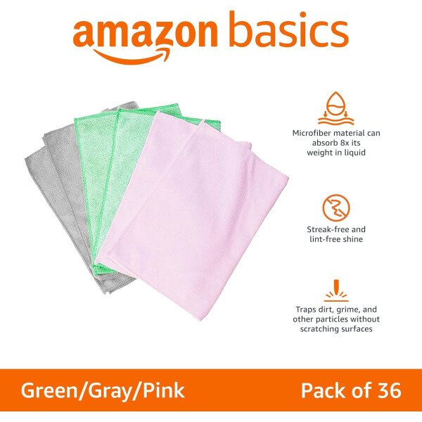 Amazon Basics Paños de limpieza de microfibra, no abrasivos, reutilizables y lavables, paquete de 24, azul/blanco/amarillo, 16 x 12 pulgadas - Image 11