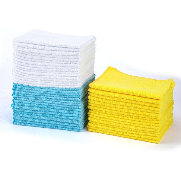 Amazon Basics Paños de limpieza de microfibra, no abrasivos, reutilizables y lavables, paquete de 24, azul/blanco/amarillo, 16 x 12 pulgadas - Image 17