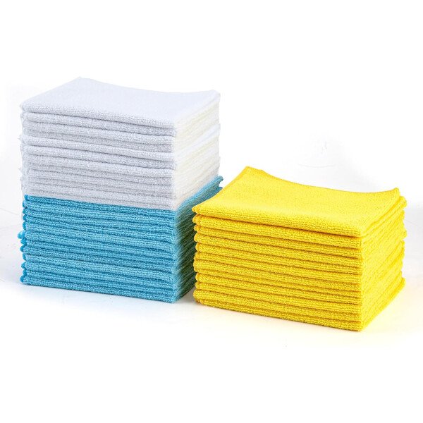 Amazon Basics Paños de limpieza de microfibra, no abrasivos, reutilizables y lavables, paquete de 24, azul/blanco/amarillo, 16 x 12 pulgadas - Image 24