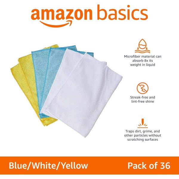 Amazon Basics Paños de limpieza de microfibra, no abrasivos, reutilizables y lavables, paquete de 24, azul/blanco/amarillo, 16 x 12 pulgadas - Image 25