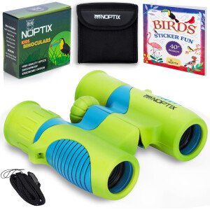 Prismáticos para niños, niñas o niños, binoculares reales para niños en azul verde vibrante, incluye libro de calcomanías con 40 especies de aves, juguetes pequeños para niños pequeños