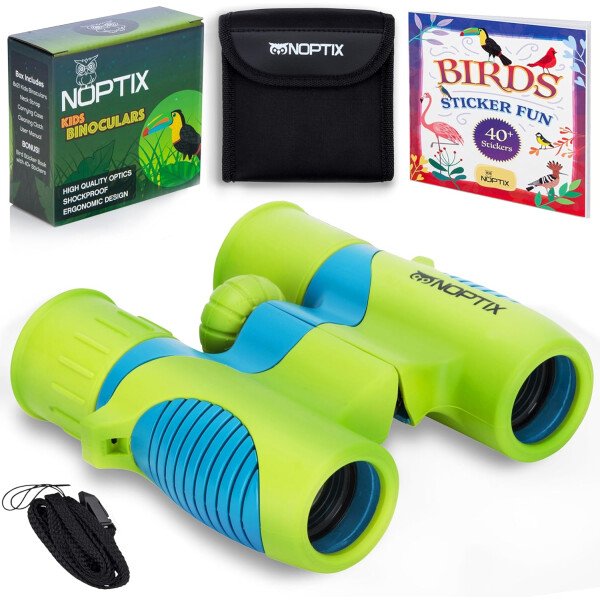 Prismáticos para niños, niñas o niños, binoculares reales para niños en azul verde vibrante, incluye libro de calcomanías con 40 especies de aves, juguetes pequeños para niños pequeños