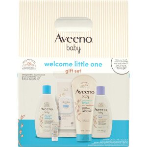 Aveeno Baby Welcome Little One - Set de regalo para el cuidado de la piel del bebé, con gel de baño nutritivo y champú, baño relajante, toallitas para bebé, loción hidratante diaria y bálsamo para