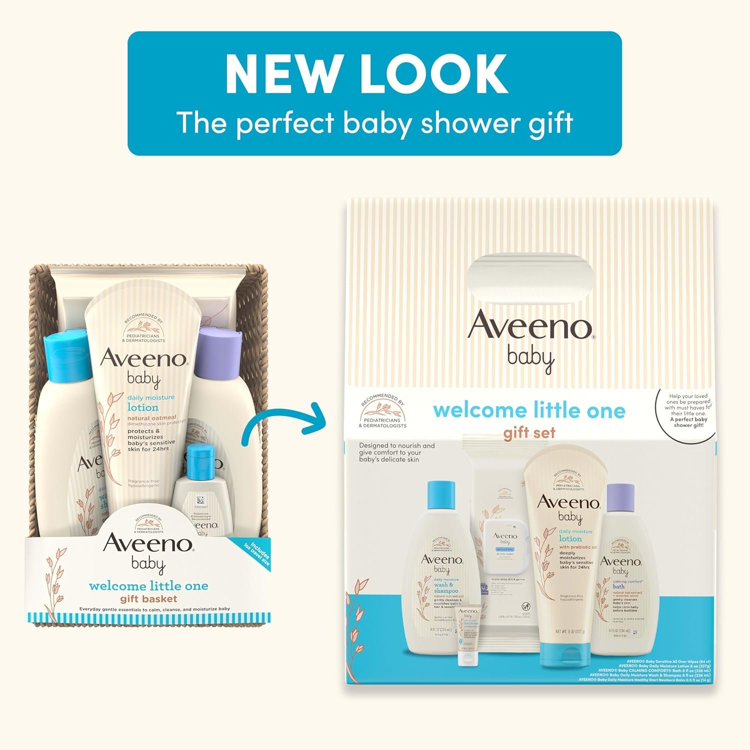 Aveeno Baby Welcome Little One - Set de regalo para el cuidado de la piel del bebé, con gel de baño nutritivo y champú, baño relajante, toallitas para bebé, loción hidratante diaria y bálsamo para - Imagen 2