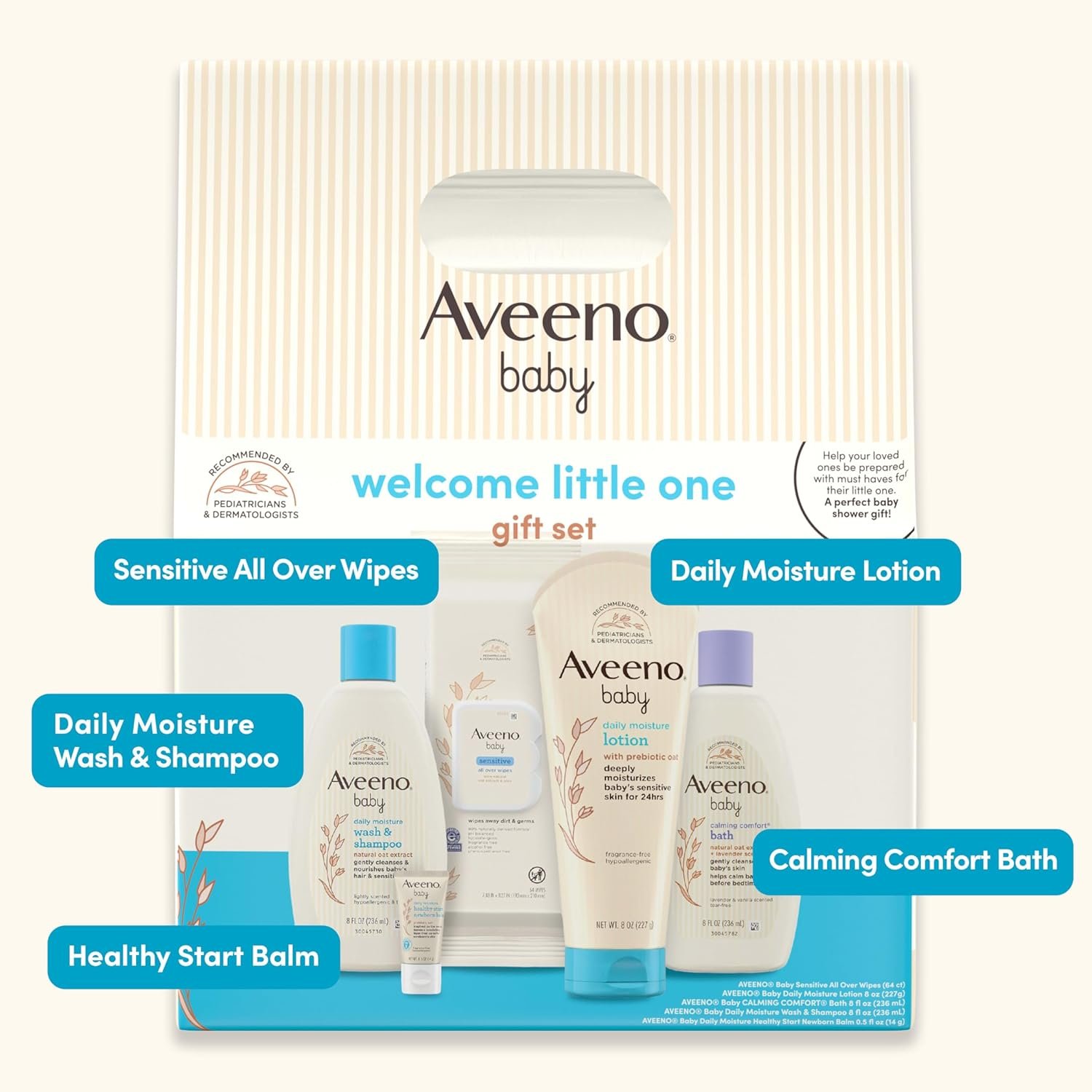 Aveeno Baby Welcome Little One - Set de regalo para el cuidado de la piel del bebé, con gel de baño nutritivo y champú, baño relajante, toallitas para bebé, loción hidratante diaria y bálsamo para - Imagen 6