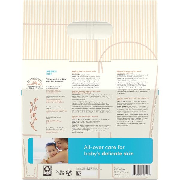 Aveeno Baby Welcome Little One - Set de regalo para el cuidado de la piel del bebé, con gel de baño nutritivo y champú, baño relajante, toallitas para bebé, loción hidratante diaria y bálsamo para - Imagen 8