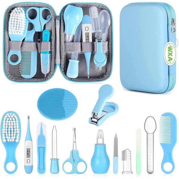 Kit de aseo para bebés, juego de cuidado de seguridad infantil con cepillo para el cabello, peine cortaúñas, aspirador nasal, kit esencial para bebés para niñas recién nacidas y niños