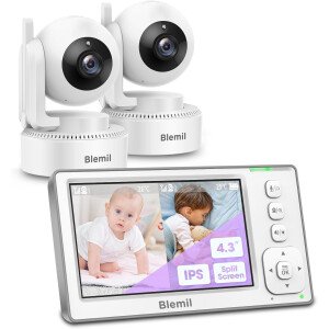 Monitor de bebé con 2 cámaras y audio, monitor IPS de pantalla dividida de 4.3 pulgadas con batería de 29 horas, rango de 1000 pies con zoom panorámico, monitor de bebé sin WiFi, zoom 2X