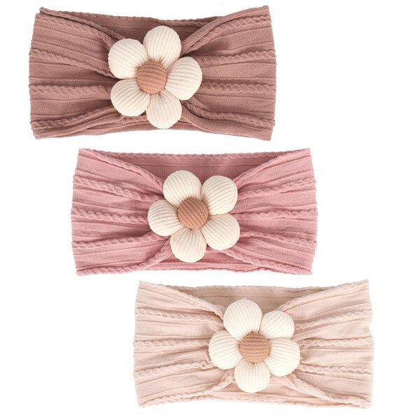 3 diademas de flores para bebé, diadema de nailon suave, accesorios para el cabello para recién nacidos, niños pequeños (beige, rosa y caqui)