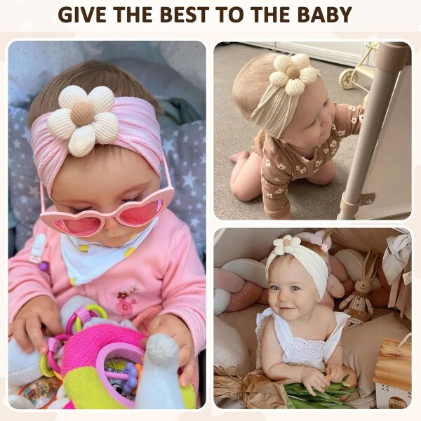3 diademas de flores para bebé, diadema de nailon suave, accesorios para el cabello para recién nacidos, niños pequeños (beige, rosa y caqui) - Image 3
