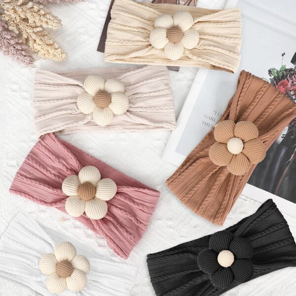 3 diademas de flores para bebé, diadema de nailon suave, accesorios para el cabello para recién nacidos, niños pequeños (beige, rosa y caqui) - Image 5