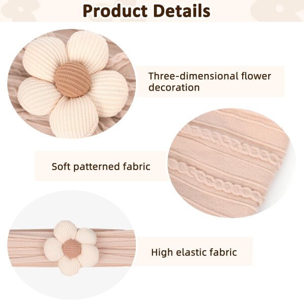 3 diademas de flores para bebé, diadema de nailon suave, accesorios para el cabello para recién nacidos, niños pequeños (beige, rosa y caqui) - Image 6