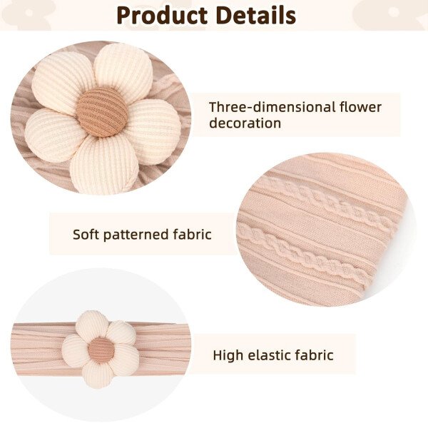 3 diademas de flores para bebé, diadema de nailon suave, accesorios para el cabello para recién nacidos, niños pequeños (beige, rosa y caqui) - Image 15
