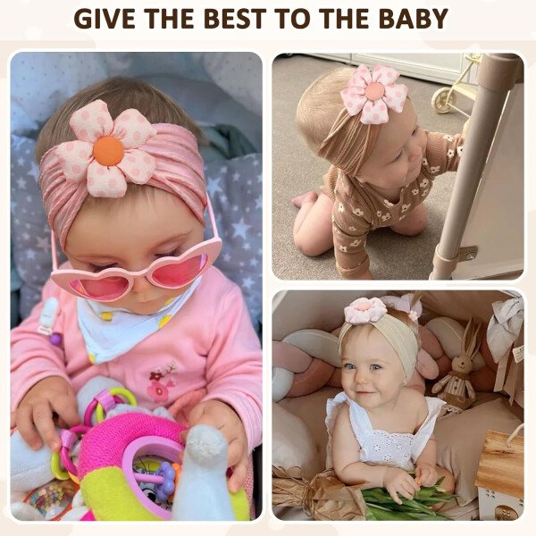 3 diademas de flores para bebé, diadema de nailon suave, accesorios para el cabello para recién nacidos, niños pequeños (beige, rosa y caqui) - Image 25