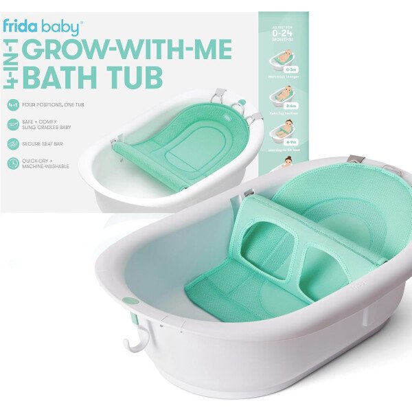 Frida Baby Bañera de bebé 4 en 1 Grow-with-Me, bañera para recién nacidos a niños pequeños con asiento de baño extraíble y respaldo para soporte de baño en la bañera