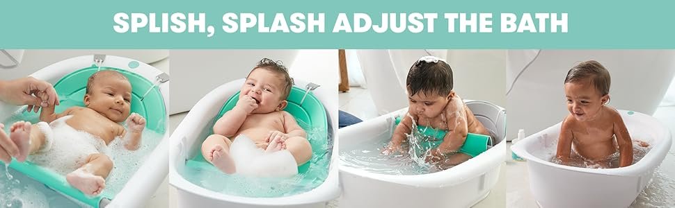 Estas 4 imágenes muestran perfectamente cómo nuestra bañera Grow-With-Me puede ajustar para cada edad y etapa. 