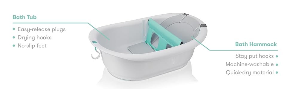Con características como tapones de liberación fácil y un gancho de secado, esta bañera 4 en 1 tiene todo. 