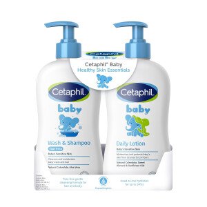 Cetaphil Baby Wash & Shampoo Plus Loción corporal, esenciales para la piel saludable, hidratación de la cabeza a los pies hasta 24 horas, para piel delicada y sensible, paquete de 2, color blanco