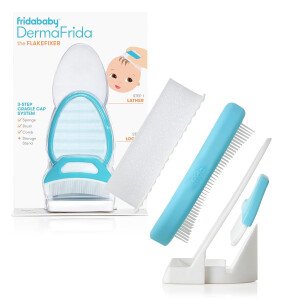 El sistema de costra láctea de 3 pasos por Fridababy | DermaFrida The FlakeFixer | Esponja, cepillo, peine y soporte de almacenamiento para bebés con costra láctea