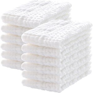 Paquete de 12 paños de muselina para eructos, 100% algodón, grandes, 20 x 10 pulgadas, extra suaves y absorbentes, para bebé, color blanco